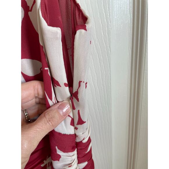 Talbots Swing Dress Sz 14P Floral Red Cream Ruching Chiffon Lined Feminine Girly - Picture 5 of 11